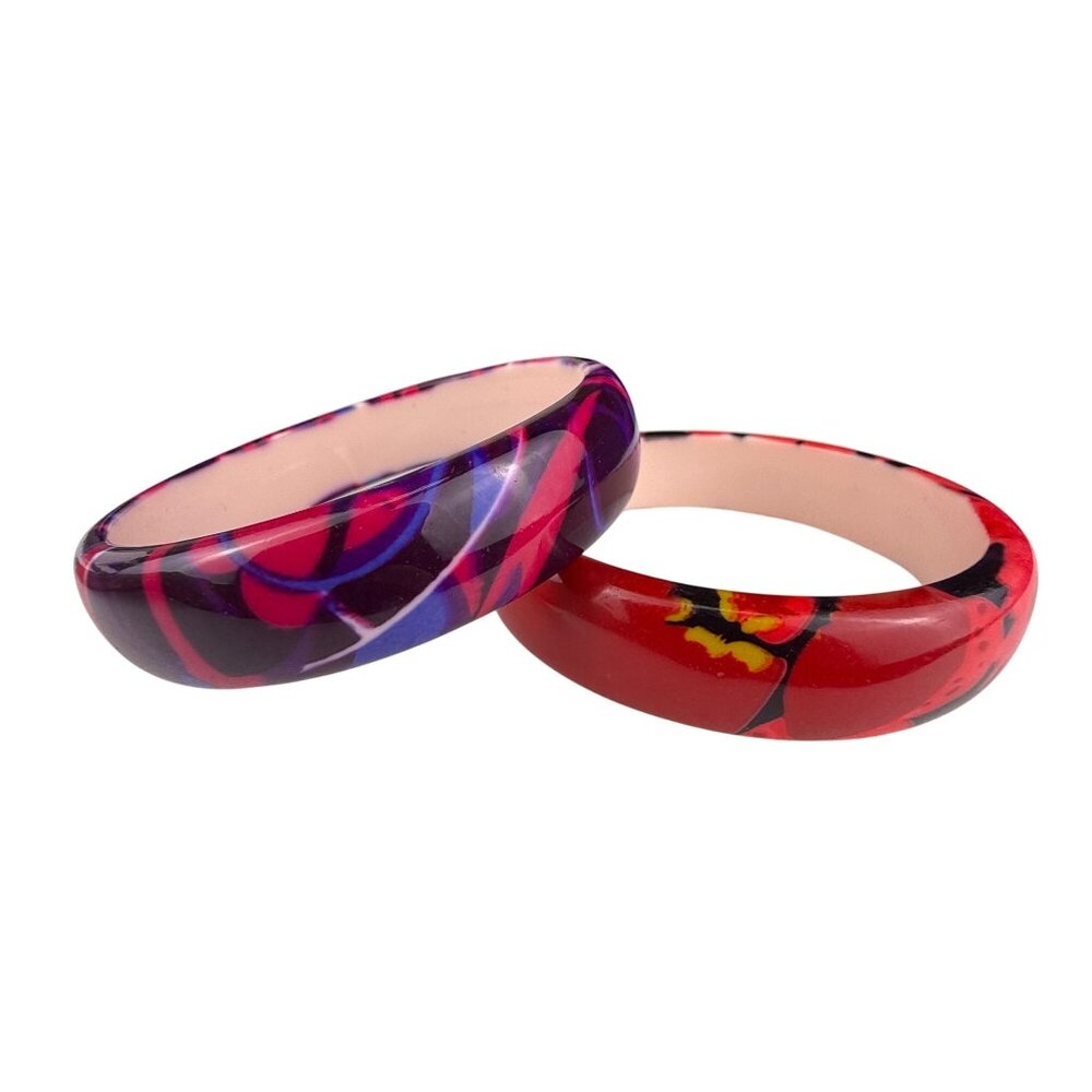Retro Floral Print Womens Acrylic Oval Bangle Bracelets Set Of 2 Vibrant Colorwa